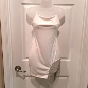 Women’s Bodycon Dress Ivory Rhinestone Tassels Mini Party Stretchy Sz Medium
